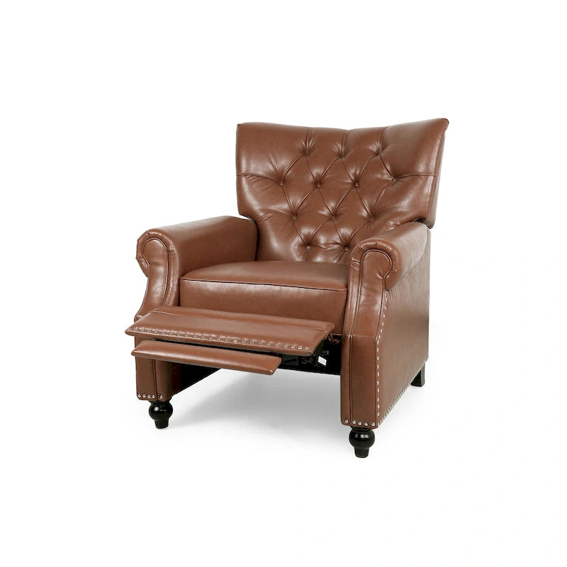 Relaxfauteuil met achteroverduwmechanisme, voetensteun, knopenrug en spijkerkopafwerking