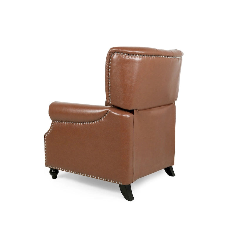 Relaxfauteuil met achteroverduwmechanisme, voetensteun, knopenrug en spijkerkopafwerking