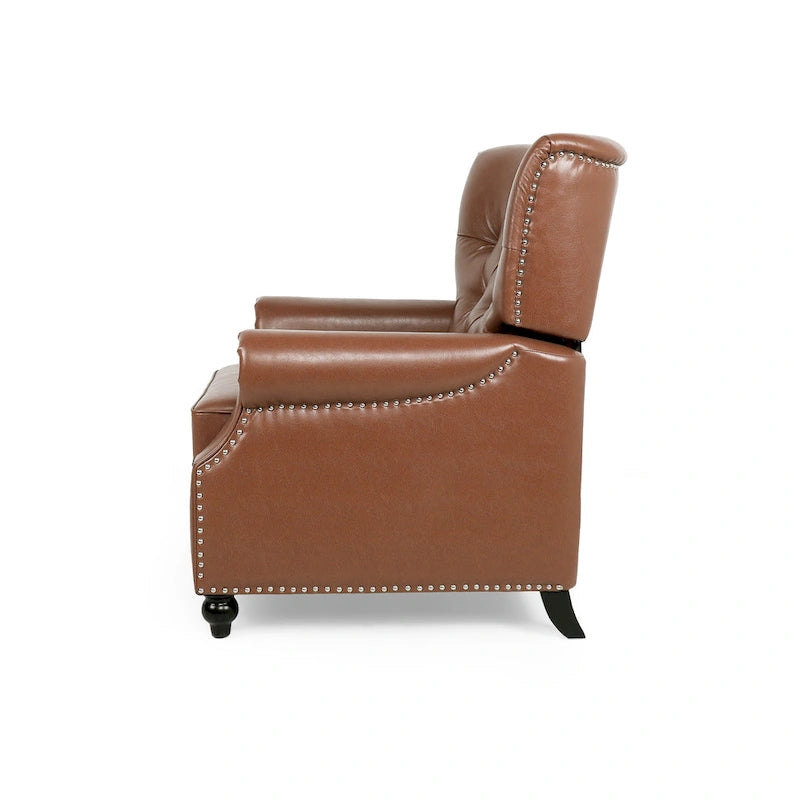 Relaxfauteuil met achteroverduwmechanisme, voetensteun, knopenrug en spijkerkopafwerking
