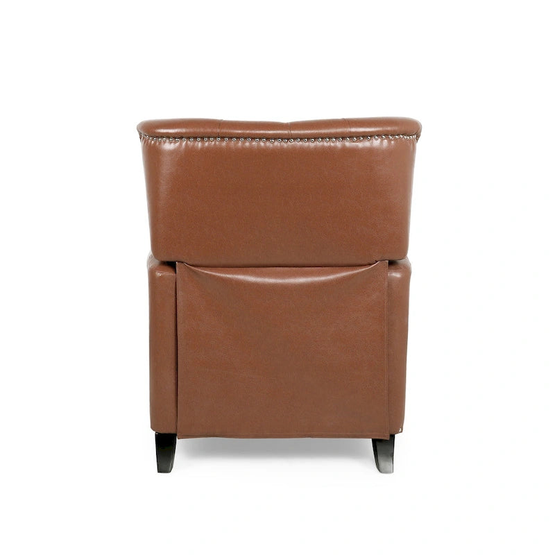 Relaxfauteuil met achteroverduwmechanisme, voetensteun, knopenrug en spijkerkopafwerking