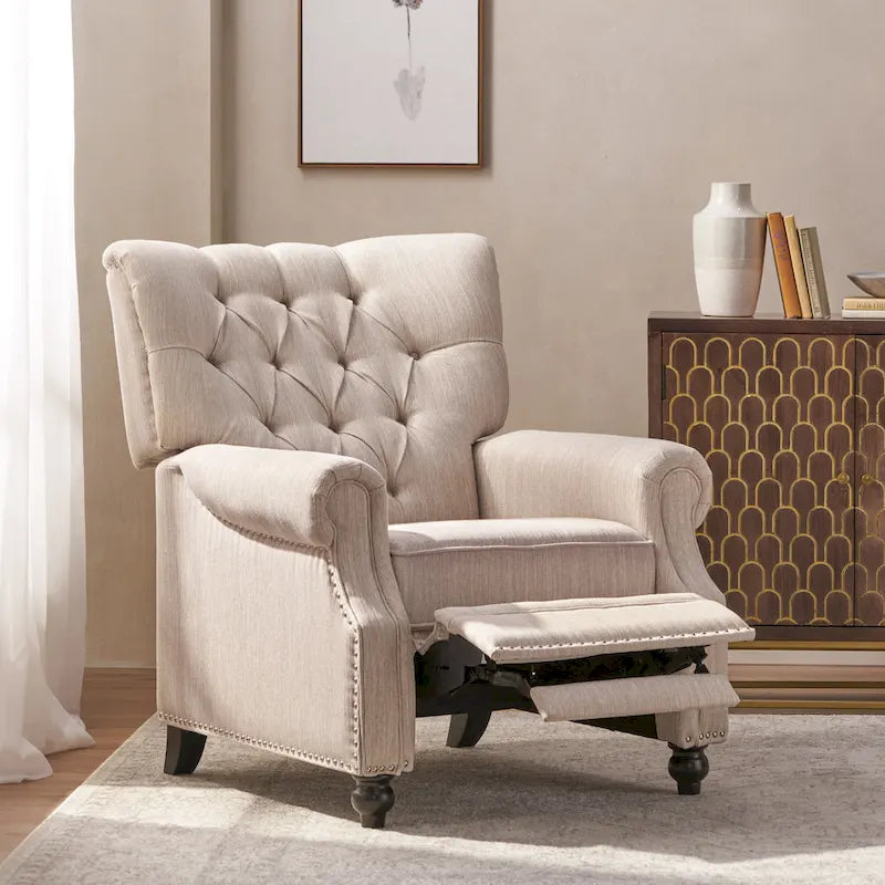 Relaxfauteuil met achteroverduwmechanisme, voetensteun, knopenrug en spijkerkopafwerking