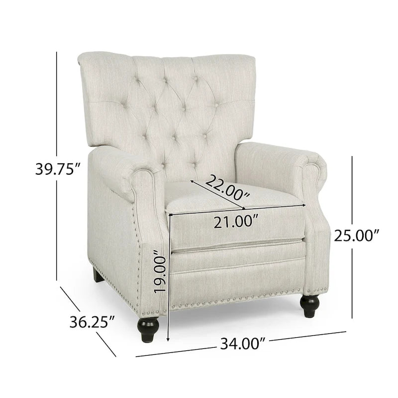 Relaxfauteuil met achteroverduwmechanisme, voetensteun, knopenrug en spijkerkopafwerking