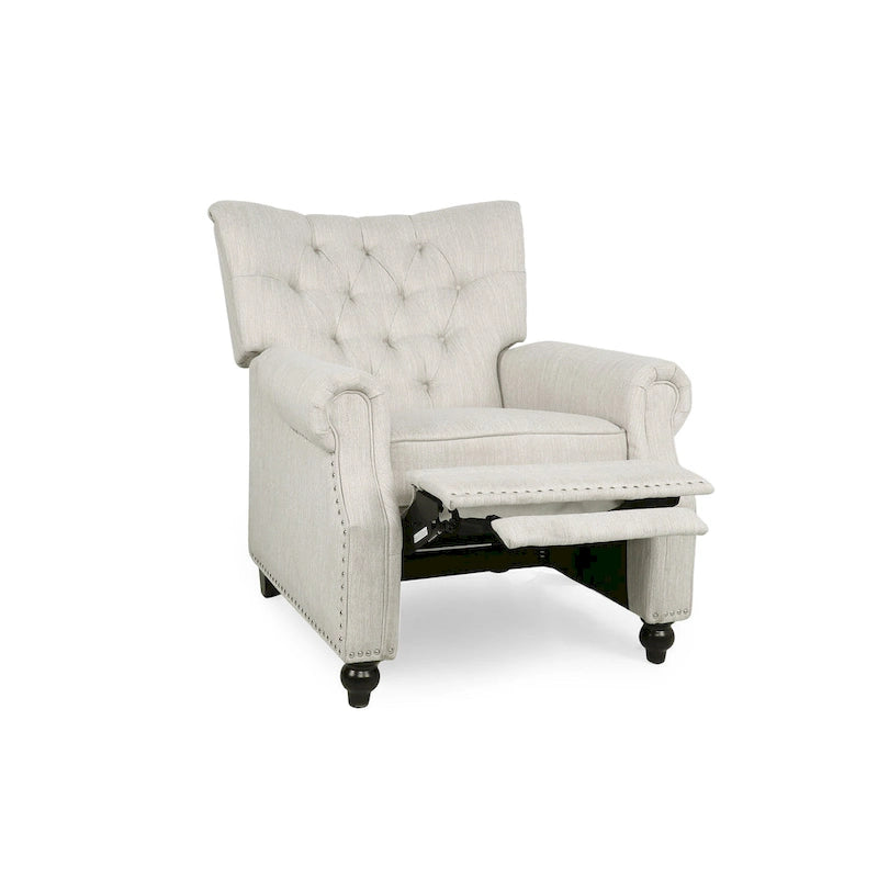 Relaxfauteuil met achteroverduwmechanisme, voetensteun, knopenrug en spijkerkopafwerking