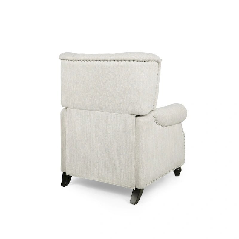 Relaxfauteuil met achteroverduwmechanisme, voetensteun, knopenrug en spijkerkopafwerking