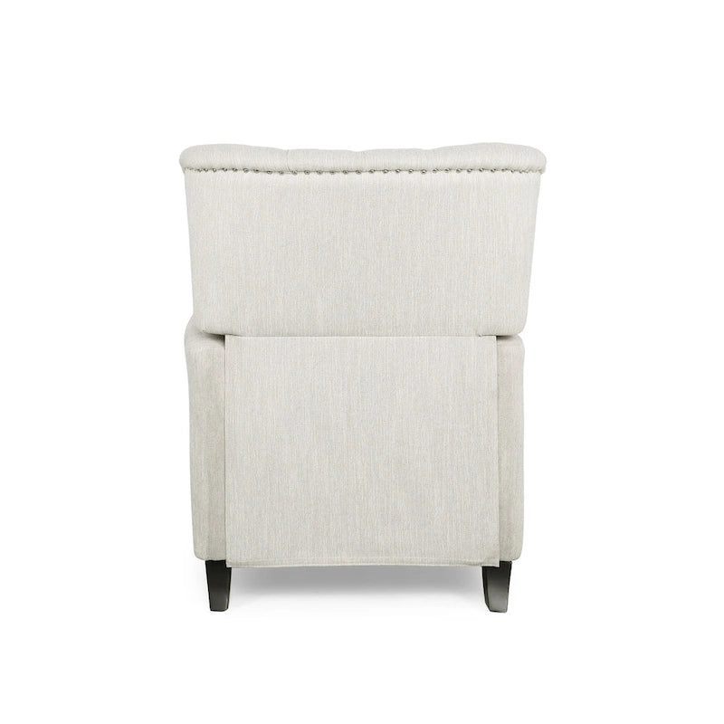 Relaxfauteuil met achteroverduwmechanisme, voetensteun, knopenrug en spijkerkopafwerking