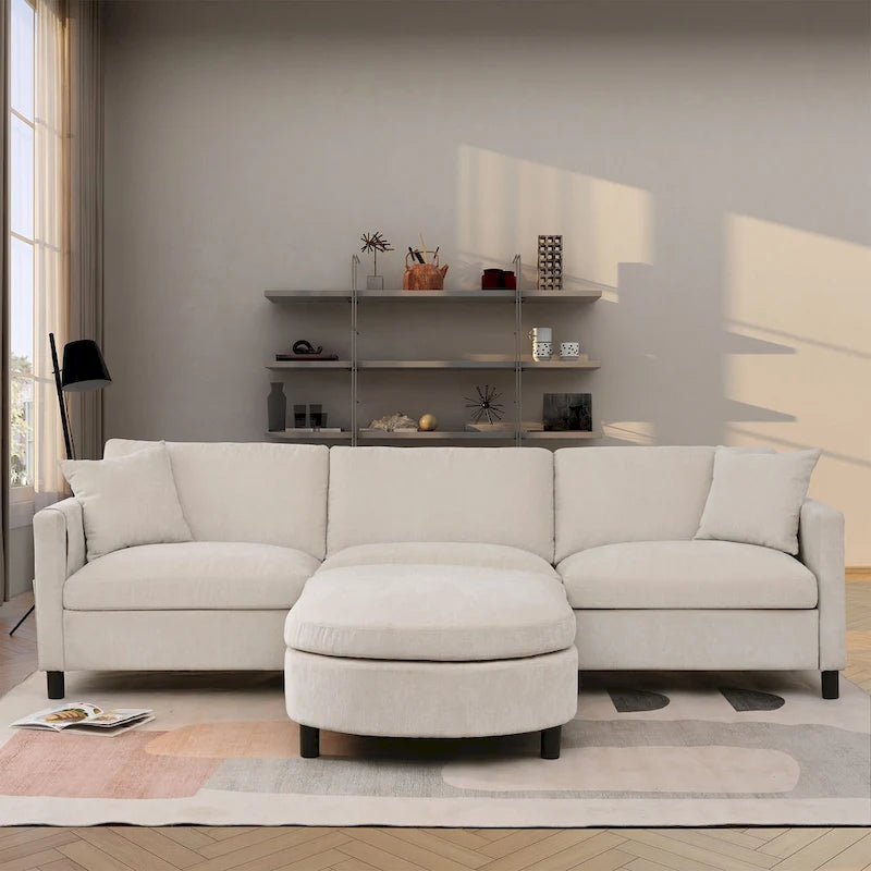Canapé beige 4 places de 107.87" avec pouf mobile, coussins amovibles et rangement dans les accoudoirs