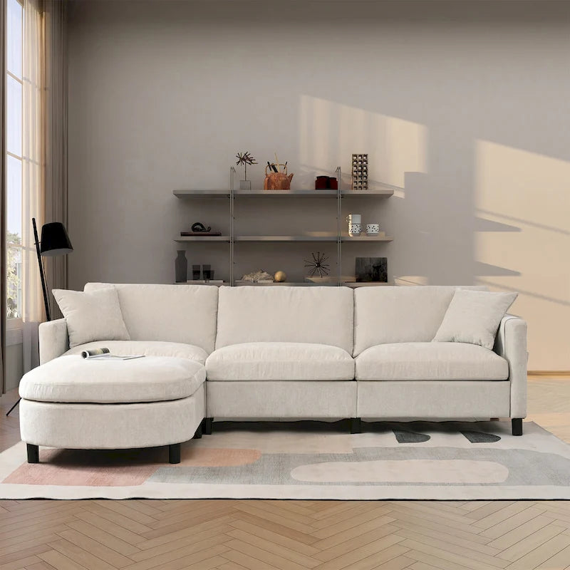 Beige 107.87" 4-Seater Sofa with Movable Ottoman, Removable Cushions & Armrest Storage