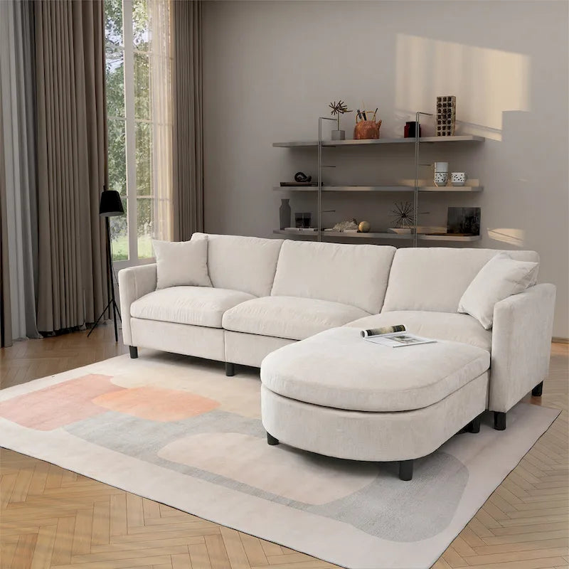 Beige 107.87" 4-Seater Sofa with Movable Ottoman, Removable Cushions & Armrest Storage