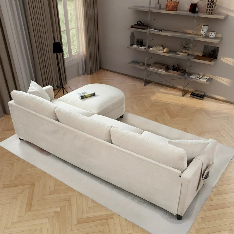 Beige 107.87" 4-Seater Sofa with Movable Ottoman, Removable Cushions & Armrest Storage