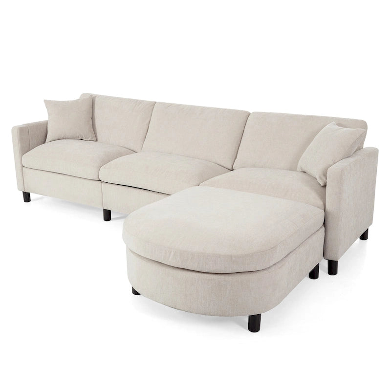 Canapé beige 4 places de 107.87" avec pouf mobile, coussins amovibles et rangement dans les accoudoirs