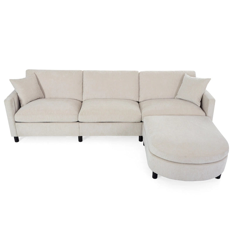 Canapé beige 4 places de 107.87" avec pouf mobile, coussins amovibles et rangement dans les accoudoirs