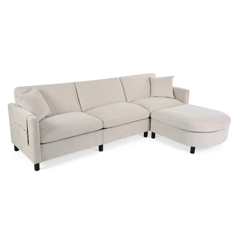 Canapé beige 4 places de 107.87" avec pouf mobile, coussins amovibles et rangement dans les accoudoirs