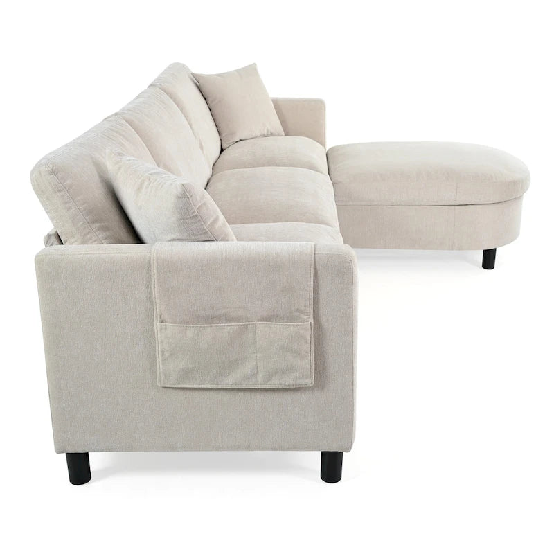 Canapé beige 4 places de 107.87" avec pouf mobile, coussins amovibles et rangement dans les accoudoirs