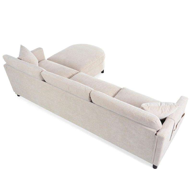 Canapé beige 4 places de 107.87" avec pouf mobile, coussins amovibles et rangement dans les accoudoirs