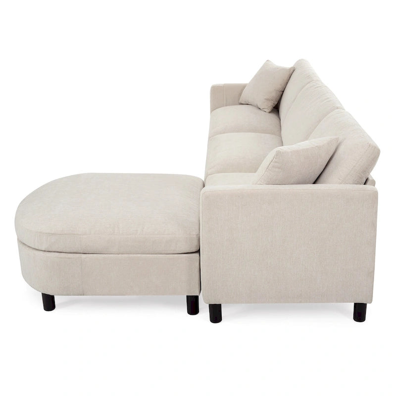 Canapé beige 4 places de 107.87" avec pouf mobile, coussins amovibles et rangement dans les accoudoirs