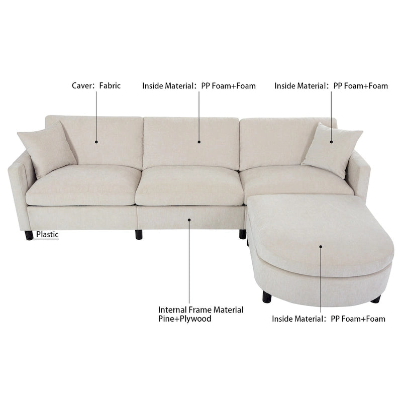 Canapé beige 4 places de 107.87" avec pouf mobile, coussins amovibles et rangement dans les accoudoirs