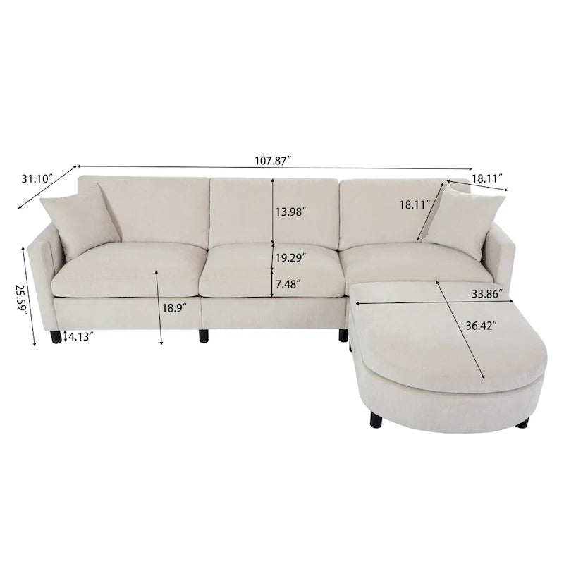 Canapé beige 4 places de 107.87" avec pouf mobile, coussins amovibles et rangement dans les accoudoirs