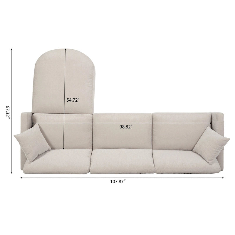 Canapé beige 4 places de 107.87" avec pouf mobile, coussins amovibles et rangement dans les accoudoirs
