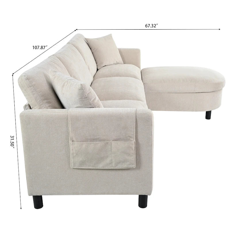 Canapé beige 4 places de 107.87" avec pouf mobile, coussins amovibles et rangement dans les accoudoirs