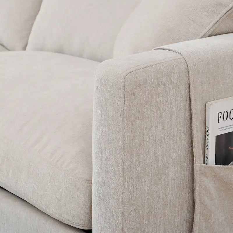 Canapé beige 4 places de 107.87" avec pouf mobile, coussins amovibles et rangement dans les accoudoirs