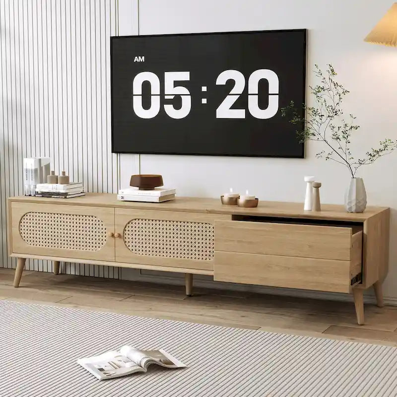 TV Stand for TVs up to 80 , Modern Farmhouse Media Console, Entertainment Center with Solid Wood Legs