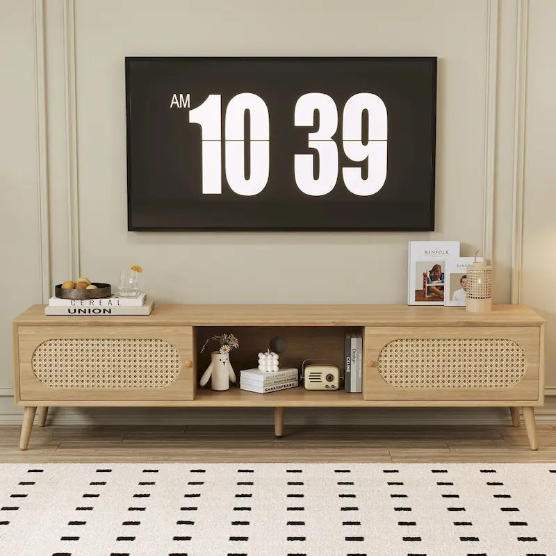 TV Stand for TVs up to 80 , Modern Farmhouse Media Console, Entertainment Center with Solid Wood Legs