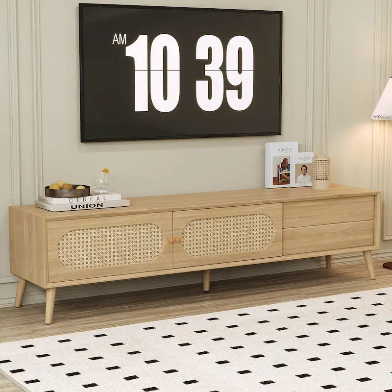 TV Stand for TVs up to 80 , Modern Farmhouse Media Console, Entertainment Center with Solid Wood Legs