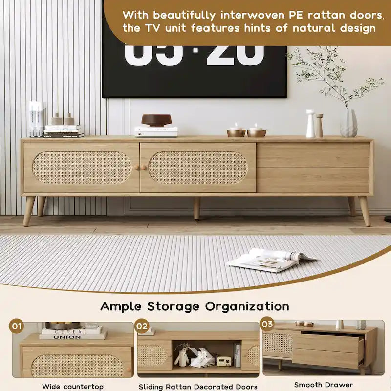 TV Stand for TVs up to 80 , Modern Farmhouse Media Console, Entertainment Center with Solid Wood Legs