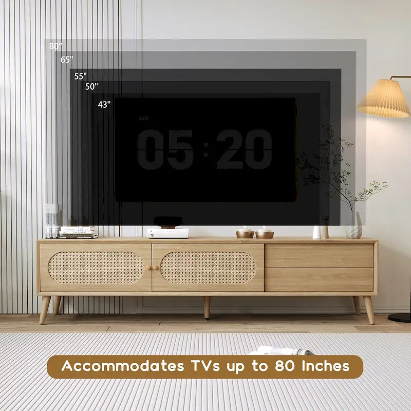 TV Stand for TVs up to 80 , Modern Farmhouse Media Console, Entertainment Center with Solid Wood Legs
