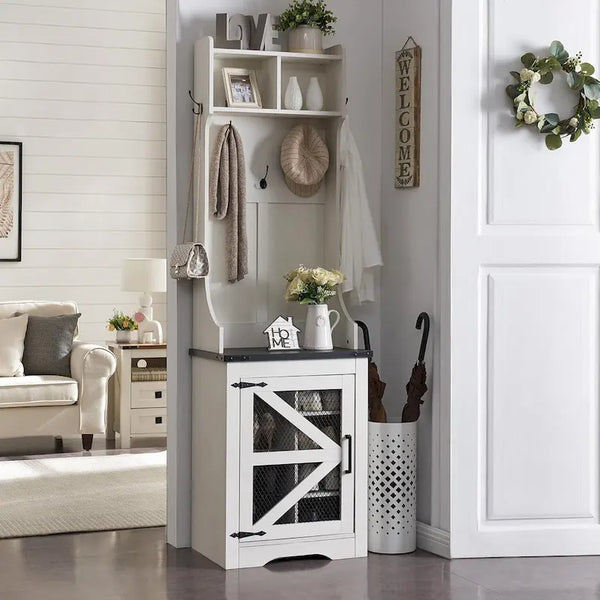 23 Wide Farmhouse Entryway Bench with Coat Rack, Hall Tree Cabinet