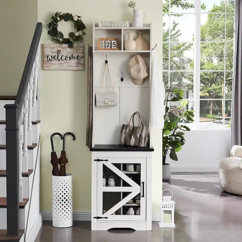 23 Wide Farmhouse Entryway Bench with Coat Rack, Hall Tree Cabinet