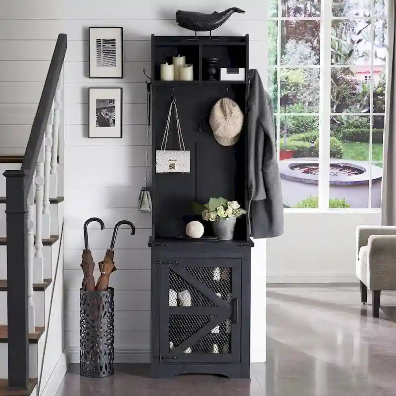23 Wide Farmhouse Entryway Bench with Coat Rack, Hall Tree Cabinet