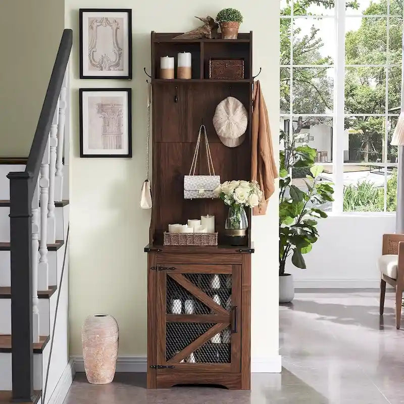 23 Wide Farmhouse Entryway Bench with Coat Rack, Hall Tree Cabinet
