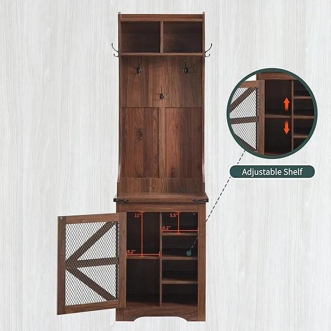 23 Wide Farmhouse Entryway Bench with Coat Rack, Hall Tree Cabinet