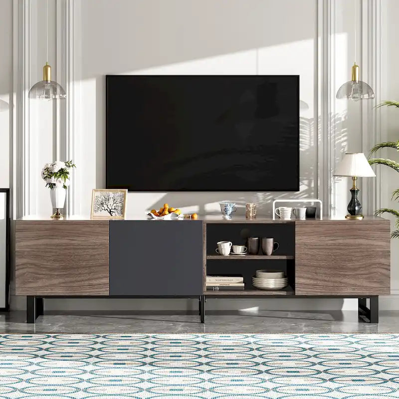 Modern TV with 3 Cabinets& Open Shelves, Media Console Table for TVs up to 80, Entertainment Center with Drop Down Door