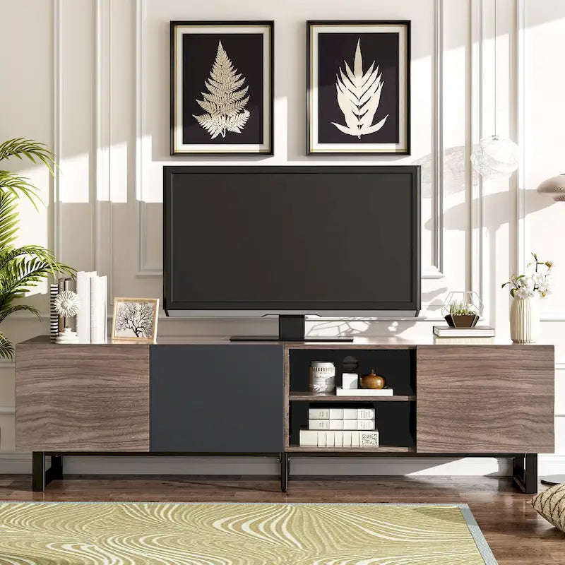 Modern TV with 3 Cabinets& Open Shelves, Media Console Table for TVs up to 80, Entertainment Center with Drop Down Door