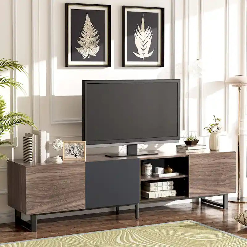 Modern TV with 3 Cabinets& Open Shelves, Media Console Table for TVs up to 80, Entertainment Center with Drop Down Door