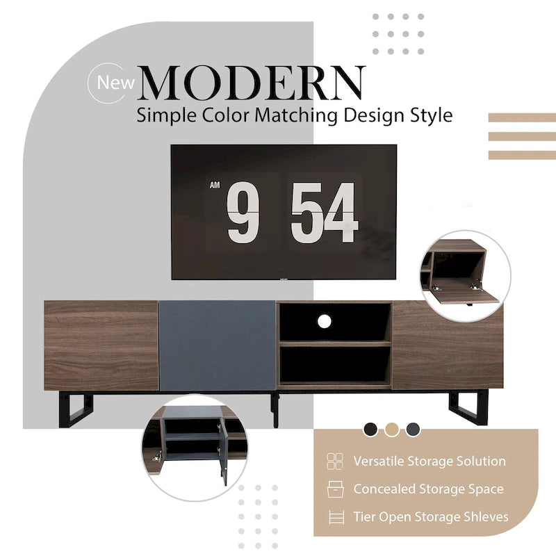 Modern TV with 3 Cabinets& Open Shelves, Media Console Table for TVs up to 80, Entertainment Center with Drop Down Door