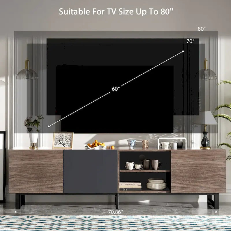 Modern TV with 3 Cabinets& Open Shelves, Media Console Table for TVs up to 80, Entertainment Center with Drop Down Door