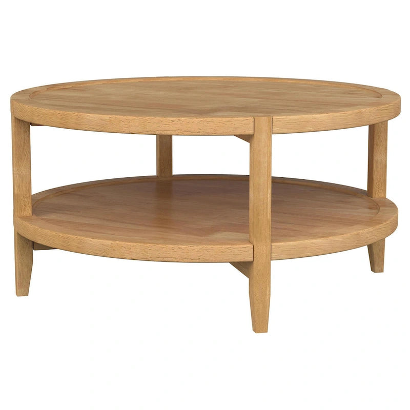 Coffee Table, 1 Shelf, Round Maple Brown Solid Wood, 36 Inch