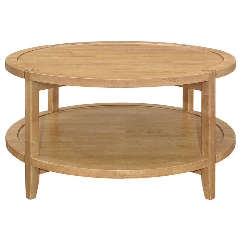 Coffee Table, 1 Shelf, Round Maple Brown Solid Wood, 36 Inch