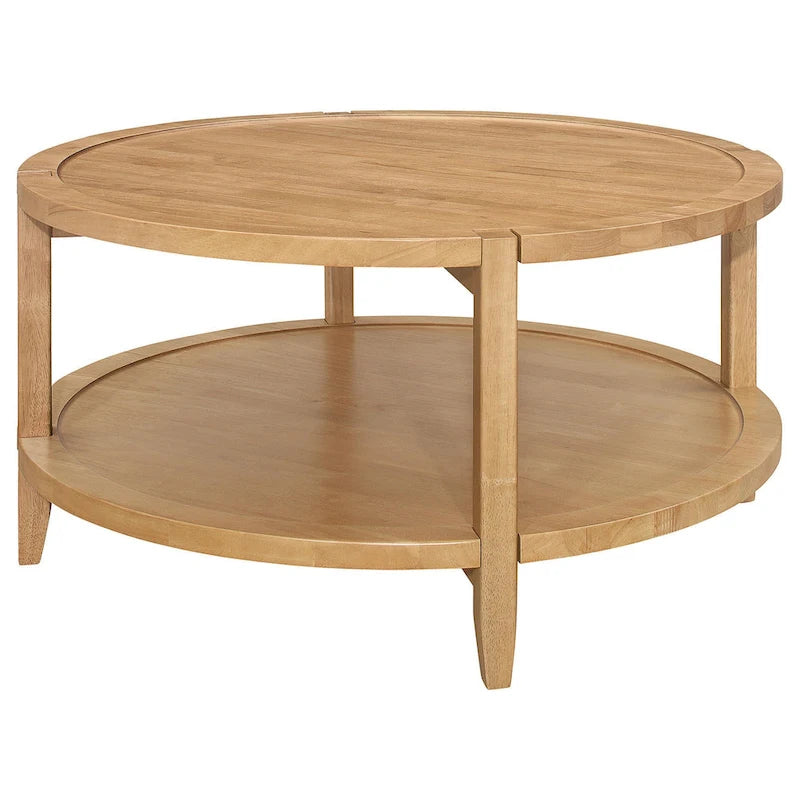 Coffee Table, 1 Shelf, Round Maple Brown Solid Wood, 36 Inch