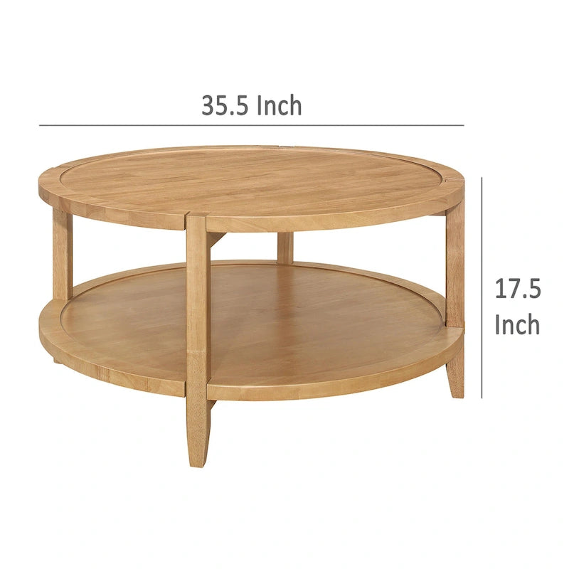 Coffee Table, 1 Shelf, Round Maple Brown Solid Wood, 36 Inch