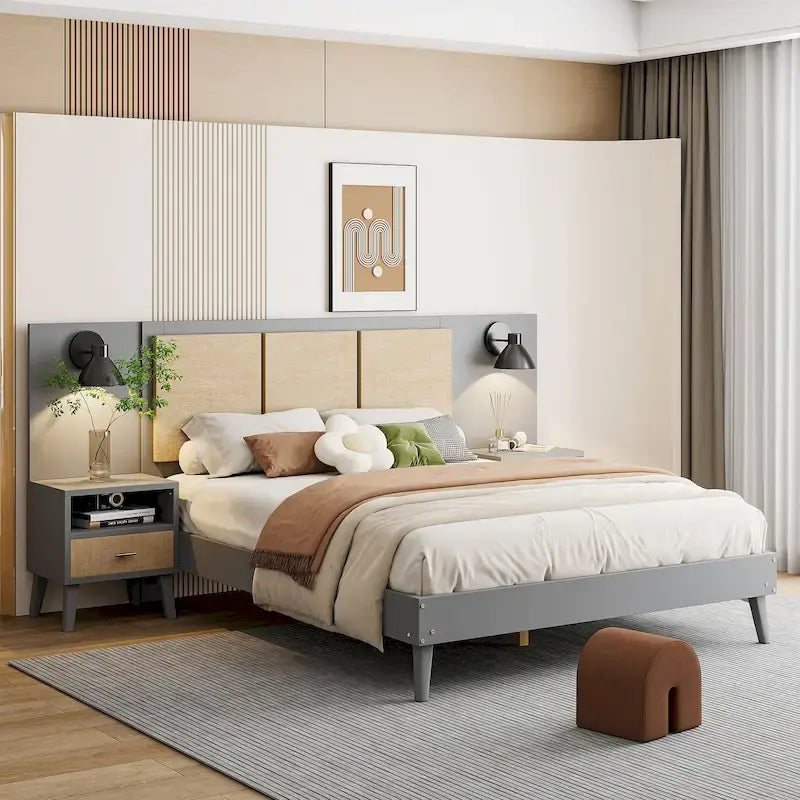 Cadre de lit plateforme queen size en bois massif avec tables de chevet intégrées et lampes de tête de lit