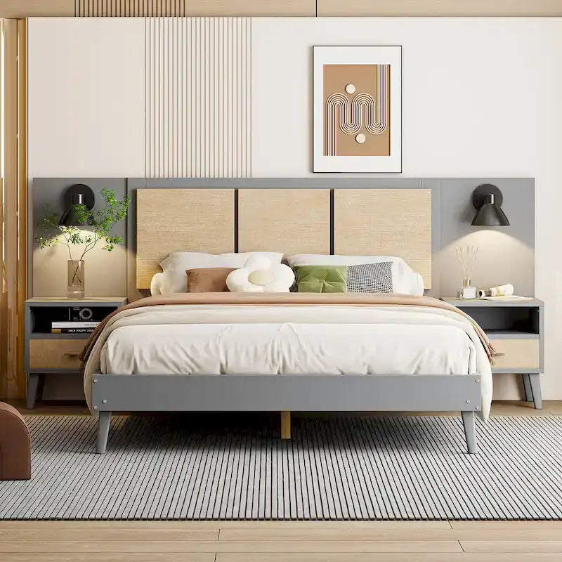 Queen Size Solid Wood Platform Bed Frame with Built-In Nightstands And Headboard Lamps
