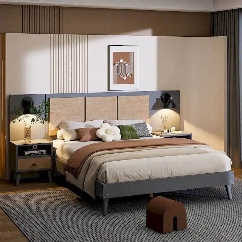 Queen Size Solid Wood Platform Bed Frame with Built-In Nightstands And Headboard Lamps