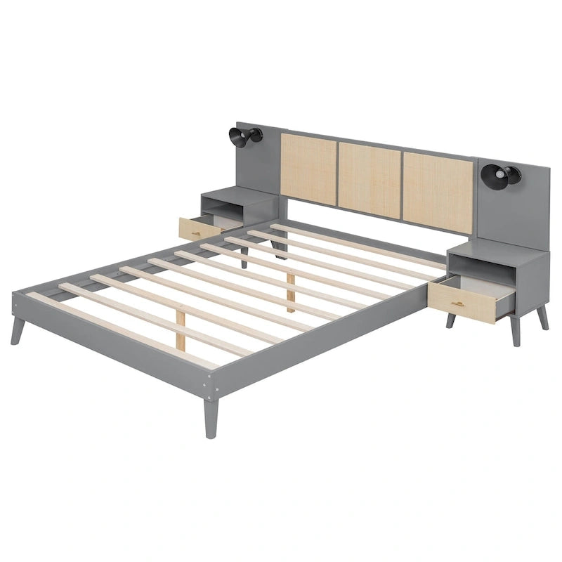 Cadre de lit plateforme queen size en bois massif avec tables de chevet intégrées et lampes de tête de lit