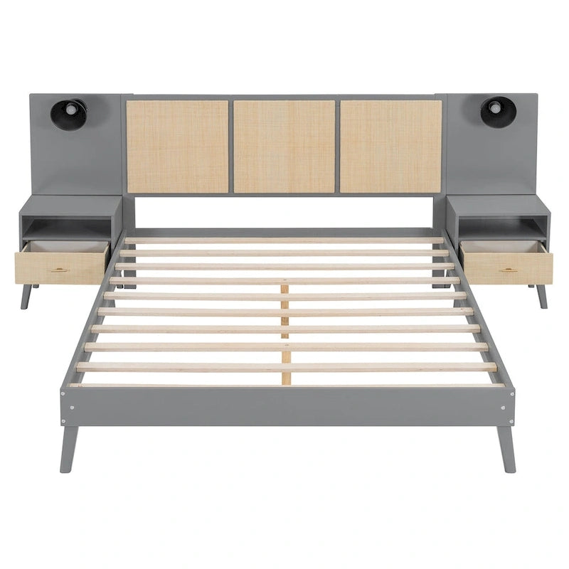 Cadre de lit plateforme queen size en bois massif avec tables de chevet intégrées et lampes de tête de lit