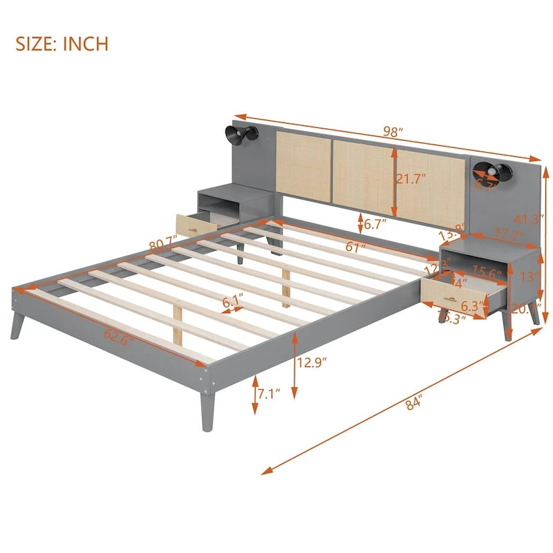 Cadre de lit plateforme queen size en bois massif avec tables de chevet intégrées et lampes de tête de lit