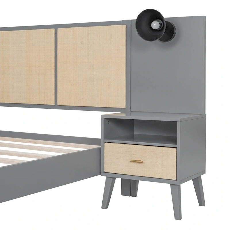 Cadre de lit plateforme queen size en bois massif avec tables de chevet intégrées et lampes de tête de lit